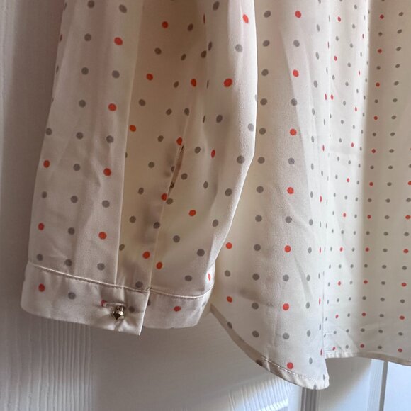 Merona Women's XL Cream w Gray & Orange Polka Dot Long Sleeve Collarless Blouse - Picture 8 of 9